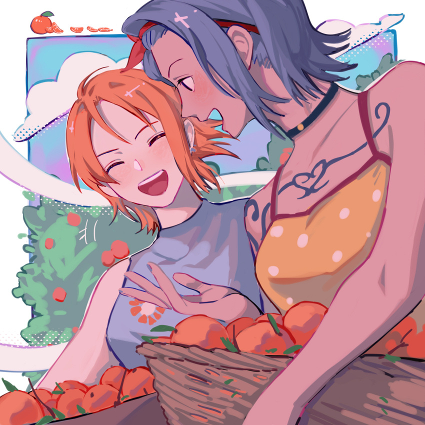 2girls bare_shoulders basket blue_hair blue_sky chest_tattoo choker clouds cloudy_sky earrings food fruit headband highres holding holding_basket jewelry looking_at_another mandarin_orange multiple_girls nami_(one_piece) nojiko one_piece open_mouth orange_hair outdoors short_hair siblings sisters sky sleeveless tattoo towne tree upper_body