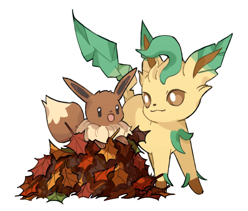 :d autumn_leaves black_eyes brown_eyes closed_mouth eevee grey_background happy leafeon looking_at_another mjoyart no_humans open_mouth pokemon pokemon_(creature) simple_background smile standing