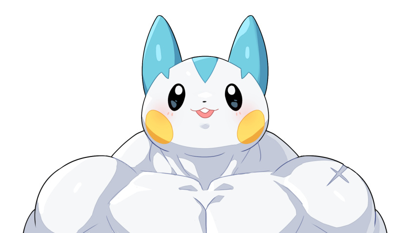 1boy :3 black_eyes blush blush_stickers buck_teeth collarbone commentary drunkoak english_commentary happy highres looking_at_viewer male_focus muscular muscular_male open_mouth pachirisu pectorals personification pokemon pokemon_(creature) scar scar_on_arm smile solo straight-on teeth transparent_background upper_body