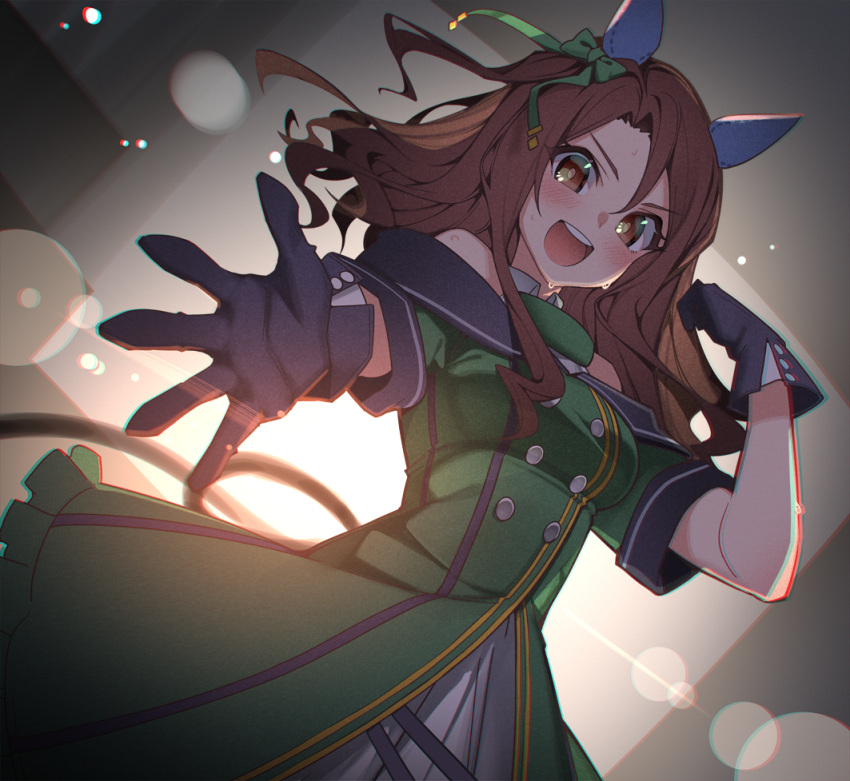 1girl black_gloves bow breasts brown_hair buttons double-breasted dress ear_covers frilled_dress frills from_below gloves green_bow green_dress hair_between_eyes hair_bow king_halo_(umamusume) lens_flare looking_at_viewer medium_breasts open_mouth outstretched_arm outstretched_hand solo umamusume warashi