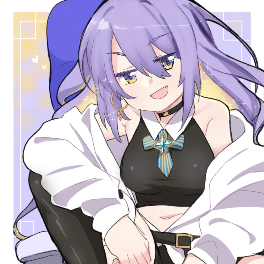 1girl armpit_crease black_choker black_shirt breasts chair choker crop_top earrings highres hololive hololive_indonesia jacket jacket_partially_removed jewelry large_breasts long_hair looking_at_viewer melone_(melonenbrot) midriff moona_hoshinova multicolored_eyes navel open_mouth purple_hair shirt sitting smile smirk solo violet_eyes virtual_youtuber yellow_eyes