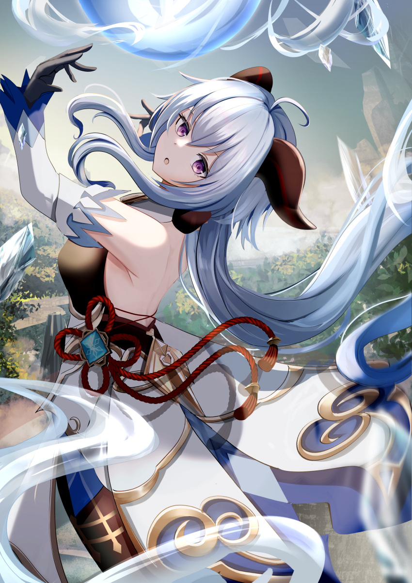 1girl absurdres ahoge bangs bare_shoulders bell blue_hair breasts chinese_knot detached_sleeves flower_knot ganyu_(genshin_impact) genshin_impact gold_trim highres horns long_hair looking_at_viewer medium_breasts neck_bell open_mouth orb sidelocks solo tassel tokiwa_sylbe violet_eyes vision_(genshin_impact) waist_cape white_sleeves