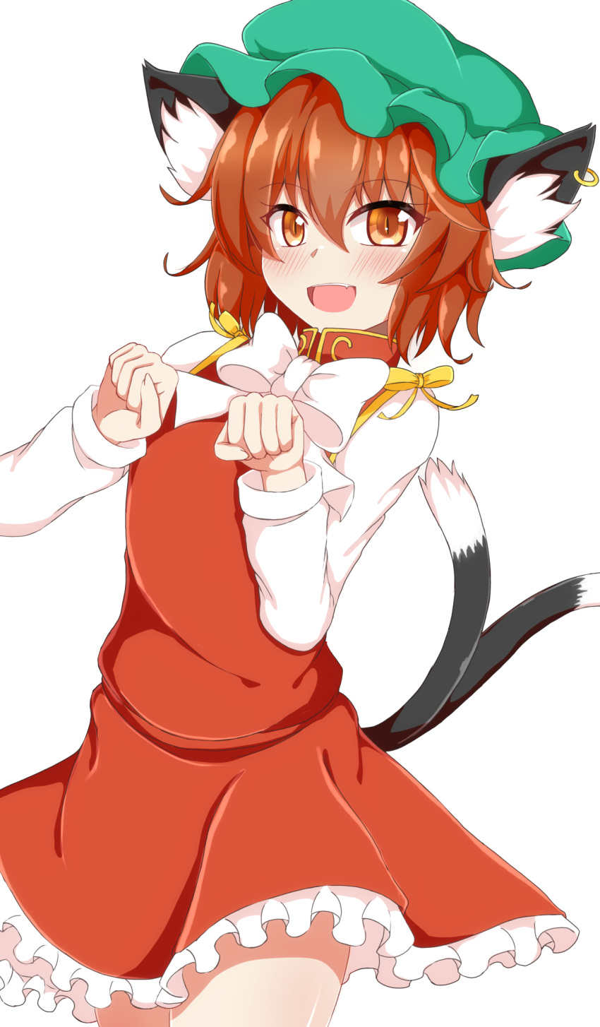 1girl :d animal_ears brown_eyes cat_ears cat_tail chen earrings green_headwear hat highres jewelry mob_cap multiple_tails nekomata open_mouth paw_pose seo_haruto single_earring smile tail touhou two_tails