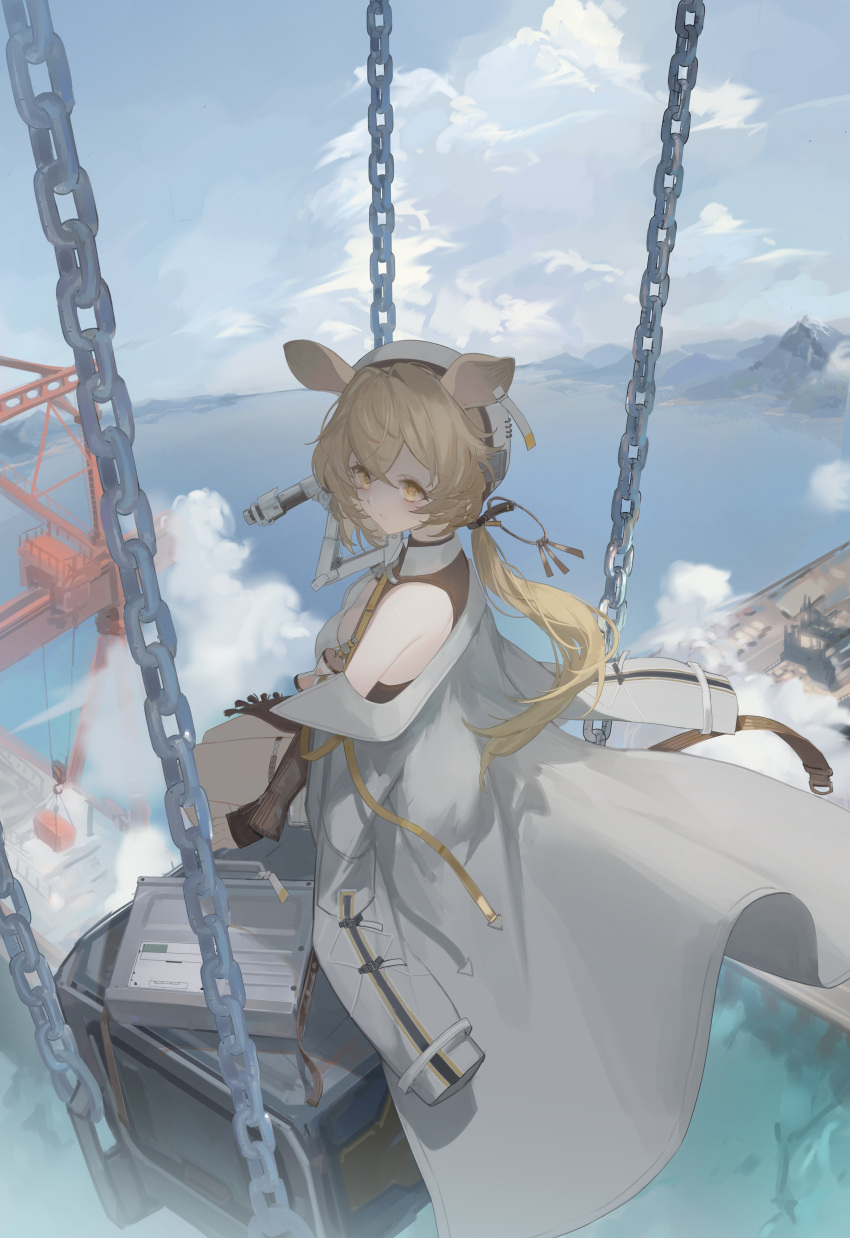 1girl :/ above_clouds absurdres animal_ears arknights beret black_dress black_ribbon blonde_hair blush box building chain closed_mouth clouds cloudy_sky coat commentary crane_(machine) day dorothy_(arknights) dress full_body hair_between_eyes hair_ribbon hat highres lake long_hair long_sleeves looking_at_viewer looking_back low_ponytail machinery mountain mouse_ears mouse_girl off_shoulder open_clothes open_coat ribbon single_bare_shoulder sitting sky sleeves_past_wrists two-tone_dress water white_coat white_dress white_headwear wimi yellow_eyes