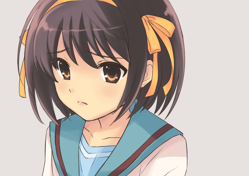 1girl bangs brown_eyes brown_hair closed_mouth collarbone commentary decocharaseal grey_background hair_ribbon hairband highres kita_high_school_uniform ribbon sad sailor_collar school_uniform serafuku short_hair simple_background solo suzumiya_haruhi suzumiya_haruhi_no_yuuutsu upper_body yellow_hairband yellow_ribbon