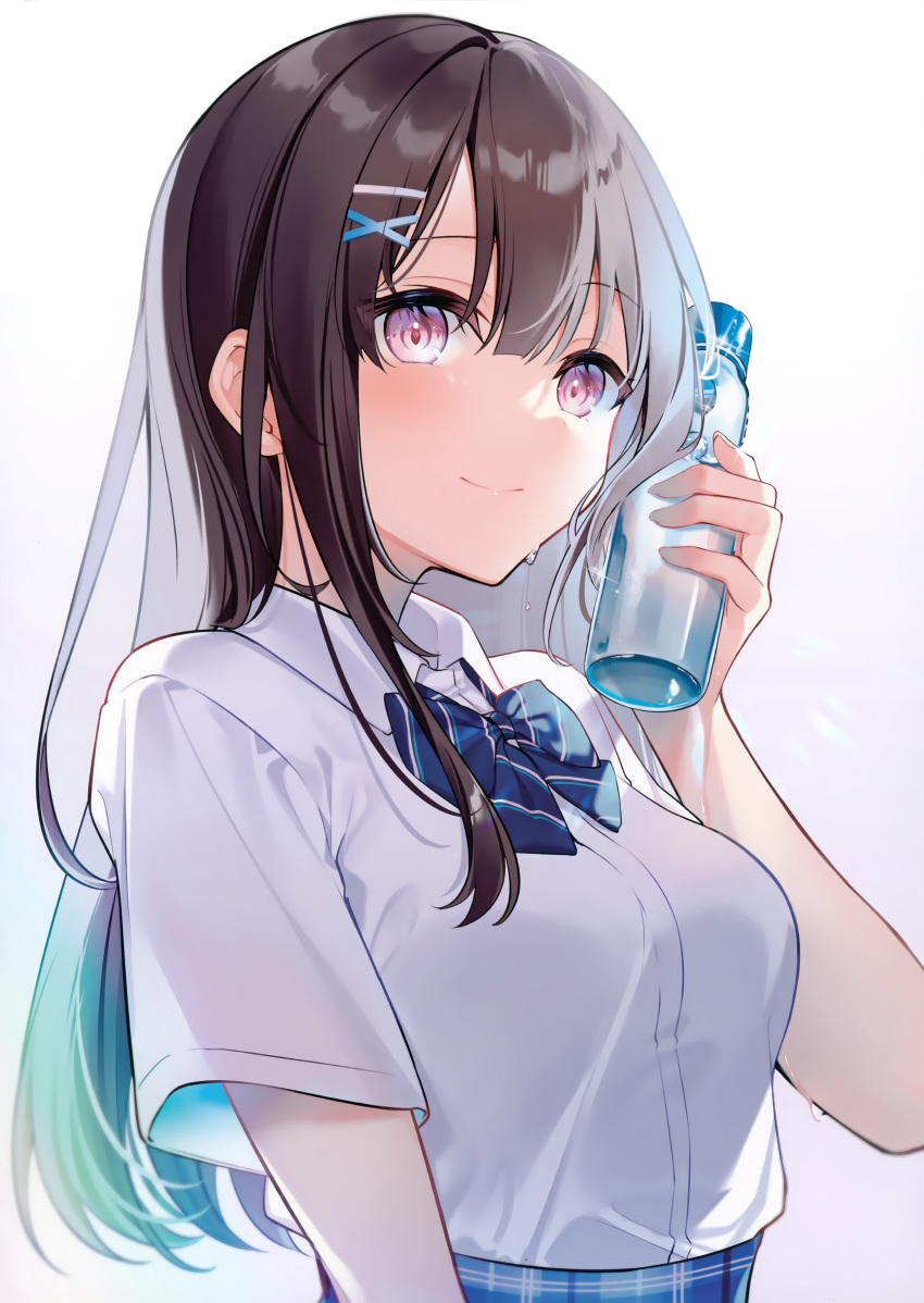 1girl absurdres bangs bottle bow breasts brown_hair closed_mouth gradient gradient_background hair_ornament hand_up highres holding kisaragi_yuri light_smile looking_at_viewer medium_breasts original scan school_uniform shiny shiny_hair shirt short_sleeves simple_background solo upper_body violet_eyes water water_bottle water_drop x_hair_ornament