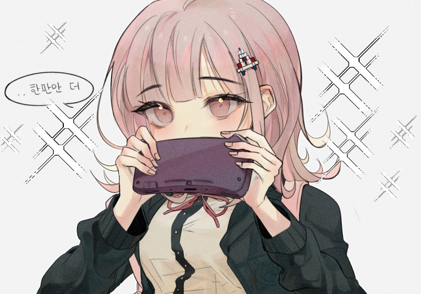 1girl backpack bag bangs black_jacket black_shirt brown_hair covering_mouth danganronpa_(series) danganronpa_2:_goodbye_despair dress_shirt galaga grey_background grey_shirt hair_ornament handheld_game_console holding holding_handheld_game_console jacket looking_at_viewer medium_hair nali_(naari_dan) nanami_chiaki neck_ribbon open_clothes open_jacket pink_eyes pink_ribbon ribbon shiny shiny_hair shirt solo sparkle speech_bubble translation_request two-tone_shirt upper_body