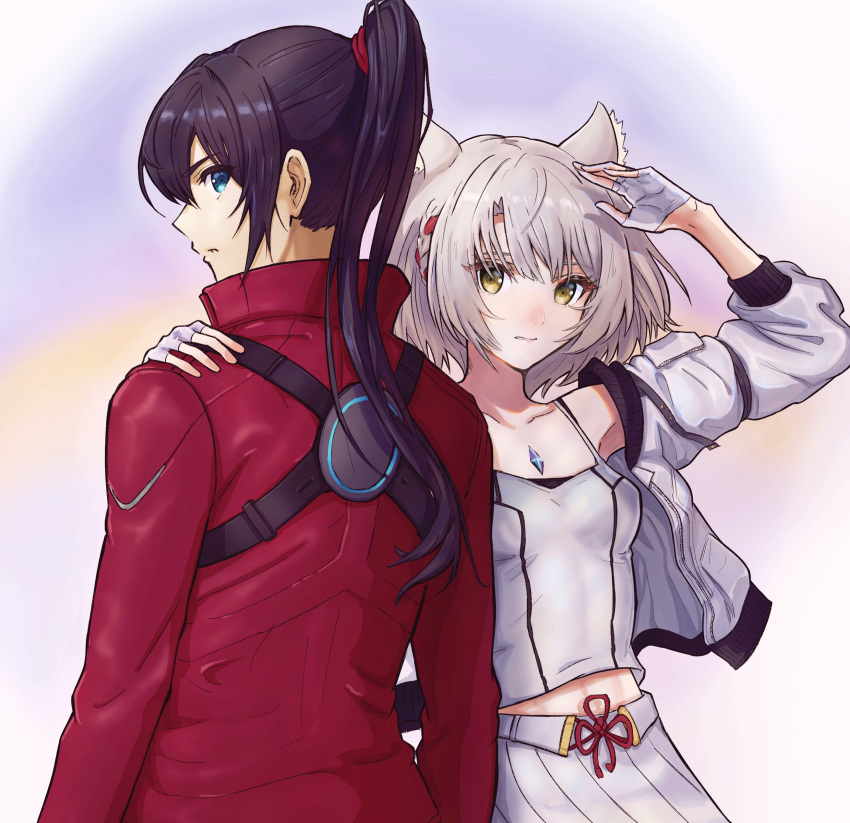 1boy 1girl absurdres animal_ears black_hair blue_eyes braid camisole cat_ears fingerless_gloves gloves grey_hair hand_on_another's_shoulder highres jacket mio_(xenoblade) noah_(xenoblade) ponytail red_jacket rooru_kyaabetsu skirt white_camisole white_jacket white_skirt xenoblade_chronicles_(series) xenoblade_chronicles_3 yellow_eyes