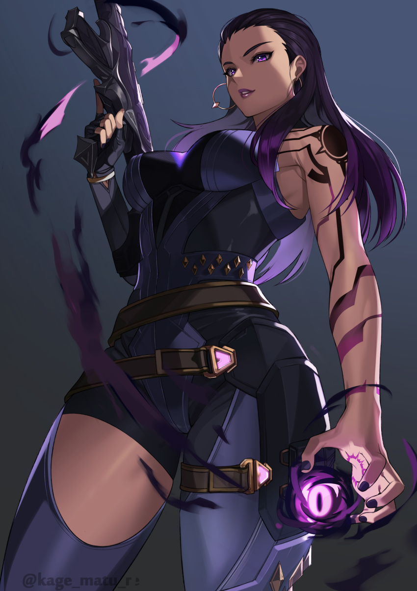1girl absurdres bare_shoulders breasts earrings from_below highres holding holding_weapon jewelry kagematsuri large_breasts long_hair looking_at_viewer nail_polish parted_lips purple_hair purple_nails reyna_(valorant) simple_background smile thigh_strap valorant violet_eyes weapon