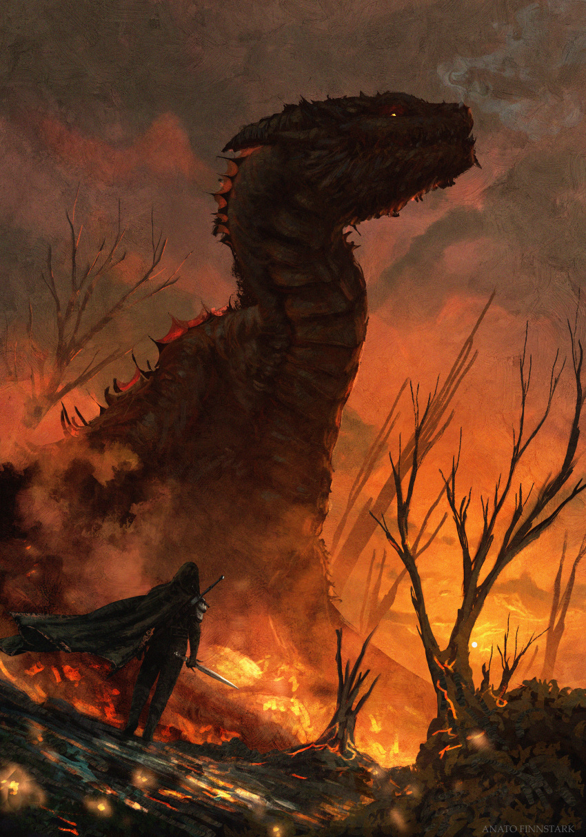 1other absurdres anato_finnstark artist_name bare_tree cape dragon dutch_angle from_behind grey_sky highres holding holding_sword holding_weapon red_sky red_theme sky sword the_witcher_(series) tree weapon