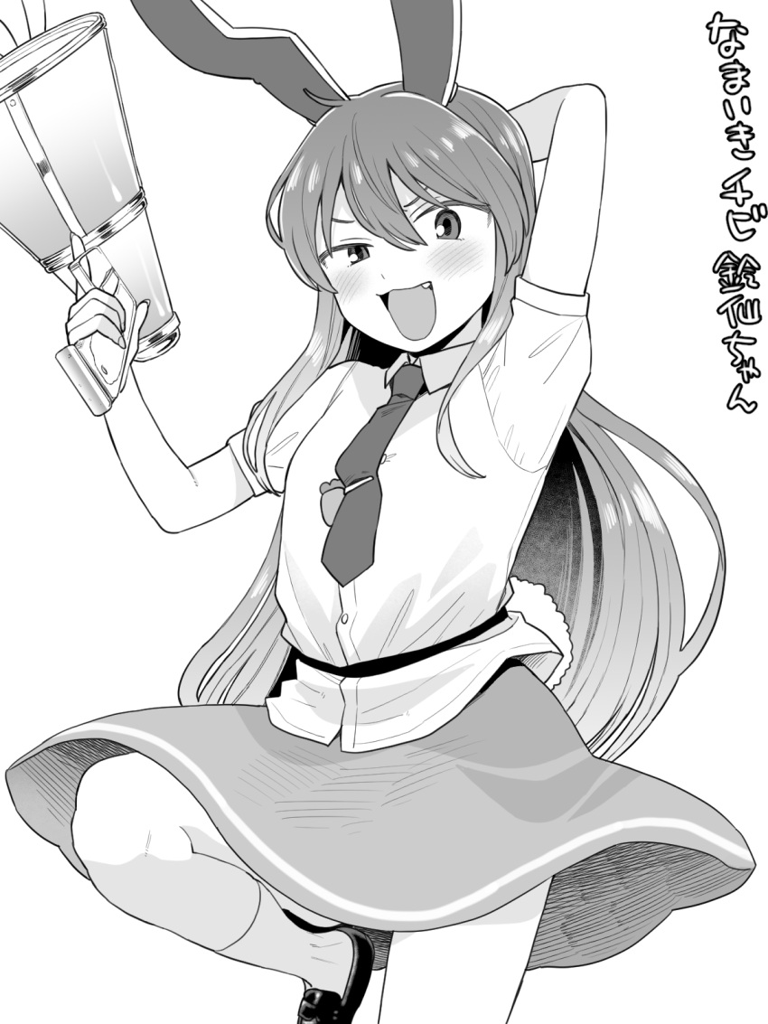 1girl animal_ears arm_behind_head arm_up blush greyscale hair_between_eyes highres holding koyama_shigeru long_hair looking_at_viewer lunatic_gun monochrome necktie open_mouth rabbit_ears reisen_udongein_inaba short_sleeves skirt solo standing standing_on_one_leg touhou uneven_eyes