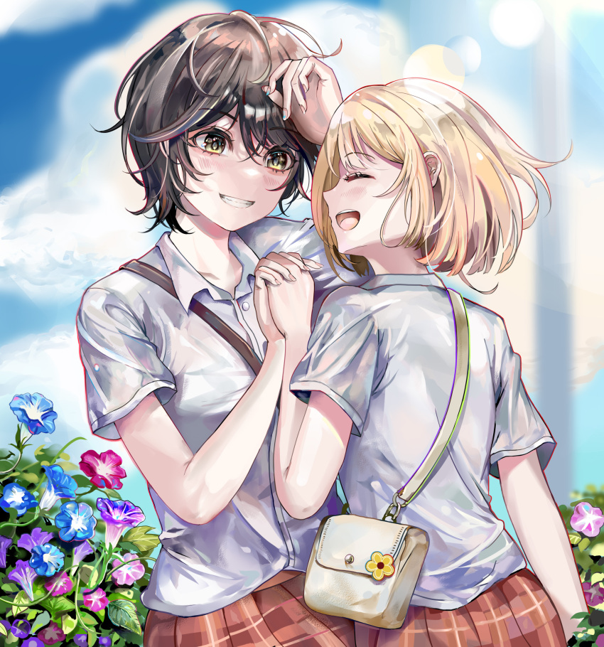 2girls absurdres asagao_to_kase-san bag blonde_hair brown_hair checkered_clothes checkered_skirt clouds cloudy_sky couple day flower green_eyes grin highres holding_hands interlocked_fingers kase_tomoka lens_flare light_blush looking_at_another multiple_girls open_mouth outdoors po!son school_bag school_uniform short_hair skirt sky smile sunlight teeth upper_teeth yamada_yui yuri
