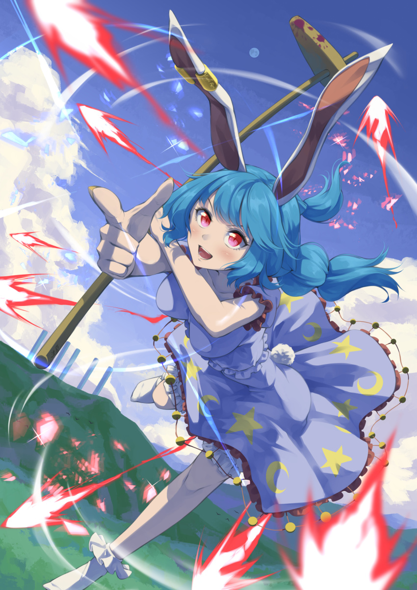 1girl absurdres animal_ears blue_dress blue_hair blush crescent_print dress earclip frilled_sleeves frills highres holding kine long_hair mallet open_mouth otomeza_ryuseigun puffy_short_sleeves puffy_sleeves rabbit_ears rabbit_tail red_eyes seiran_(touhou) short_sleeves smile solo star_(symbol) star_print tail touhou