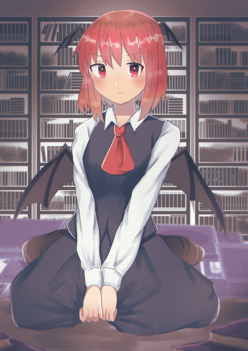 1girl :| absurdres book book_stack bookshelf closed_mouth head_wings highres indoors keinena3015 koakuma library long_sleeves red_eyes redhead shirt sitting solo touhou wariza wings