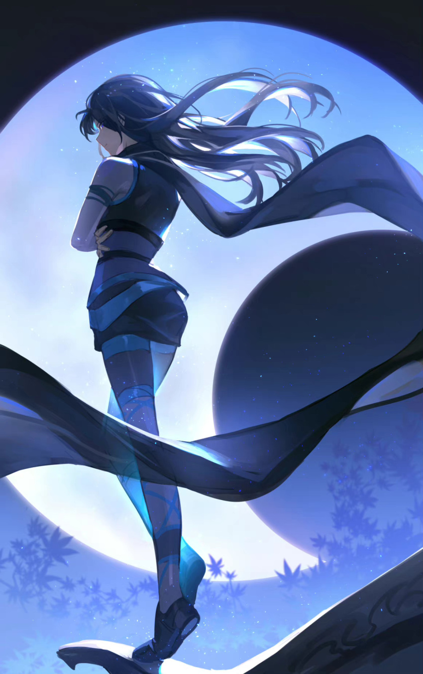 1girl artist_request black_footwear black_hair closed_mouth crossed_arms full_body highres leaf leg_up long_hair looking_back moon night on_roof qin_shi_ming_yue shi_lan_(qin_shi_ming_yue) shiny shiny_hair solo source_request tiptoes