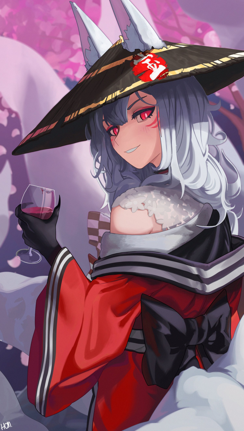 1girl absurdres alcohol animal_ear_fluff animal_ears black_bow black_gloves black_headwear black_ribbon bow cup drinking_glass english_commentary fox_ears fox_girl fox_tail from_behind gloves grey_hair hechium highres holding holding_cup looking_at_viewer looking_back multiple_tails neck_ribbon nijisanji nijisanji_en nina_kosaka parted_lips red_eyes red_ribbon ribbon smile solo tail virtual_youtuber wine wine_glass