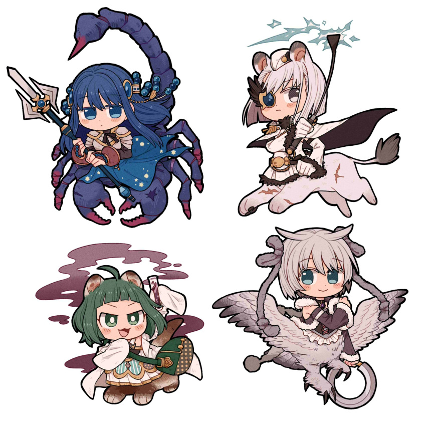 4girls :3 :d ahoge animal_ears aqua_eyes armor arthropod_girl azusa_mifuyu bangs beads belt beret bird_girl black_belt black_capelet black_choker black_shirt blue_dress blue_eyes blue_gemstone blue_hair blunt_bangs blunt_ends blush breastplate bridal_gauntlets cantaurus capelet chakram choker closed_mouth coat coattails colored_eyelashes cross-laced_clothes detached_sleeves dot_nose dress epaulettes expressionless frilled_skirt frills fur-trimmed_dress fur-trimmed_sleeves fur_trim gem green_dress green_eyes green_hair grey_coat grey_hair grey_ribbon grey_sleeves hair_horns hair_ribbon halberd hamster_ears hamster_girl hat headdress highres holding holding_weapon hood hood_down hooded_coat izumi_kanagi lion_ears lion_girl long_hair long_sleeves looking_at_object looking_at_viewer magia_record:_mahou_shoujo_madoka_magica_gaiden magical_girl mahou_shoujo_madoka_magica mini_hat miyako_hinano monocle monster_girl multiple_girls nanami_yachiyo opaque_monocle open_mouth owl_girl pendant_choker pleated_dress polearm print_dress ribbon riding_crop scar scorpion scorpion_girl serious shirt short_bangs sidelocks simple_background skirt smile swept_bangs tail taur turtleneck two-sided_capelet two-sided_fabric v-shaped_eyes very_long_sleeves vial weapon white_armor white_background white_capelet white_dress white_hair white_headwear white_skirt