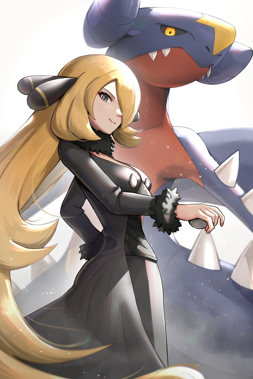 1girl absurdres black_coat black_pants black_shirt blonde_hair breasts closed_mouth coat commentary_request cynthia_(pokemon) from_side fur-trimmed_coat fur_collar fur_trim garchomp gonzarez hair_ornament hair_over_one_eye highres holding holding_poke_ball jacket long_hair pants poke_ball pokemon pokemon_(creature) pokemon_(game) pokemon_dppt revision shirt simple_background smile very_long_hair white_background