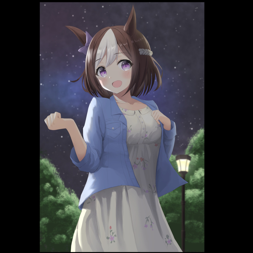 1girl absurdres animal_ears black_border blue_shirt border bow brown_hair clenched_hand cowboy_shot cyan_71 dress ear_bow floral_print highres horse_ears horse_girl lamppost looking_at_viewer multicolored_hair open_mouth outdoors purple_bow shirt sky solo special_week_(umamusume) star_(sky) starry_sky streaked_hair umamusume violet_eyes white_dress white_hair