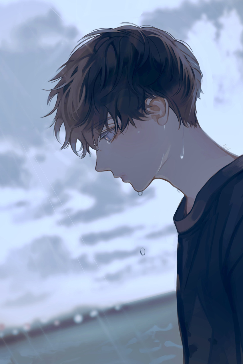 1boy absurdres blue_eyes blurry blurry_background brown_hair cognacbear from_side highres male_focus original overcast rain sad short_hair solo tearing_up upper_body water_drop wet yellow_pupils