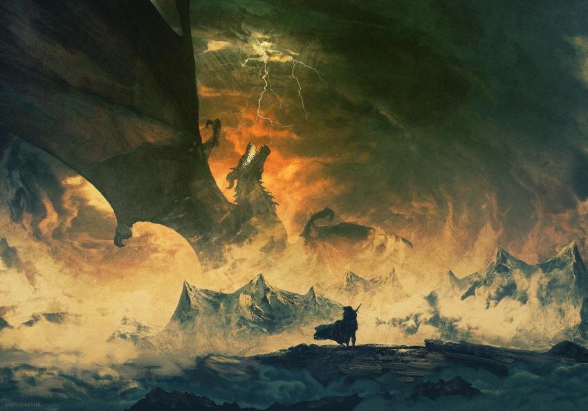 1other absurdres anato_finnstark ancalagon clouds cloudy_sky dragon fantasy from_behind giant giant_monster grey_sky highres lightning mountain outdoors scenery sky spread_wings the_silmarillion tolkien's_legendarium wide_shot