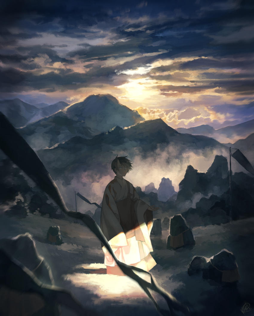 1boy black_hair clouds flag full_body grey_eyes highres hise male_focus mountain oni original outdoors robe rock scenery solo standing sunrise wide_sleeves wind