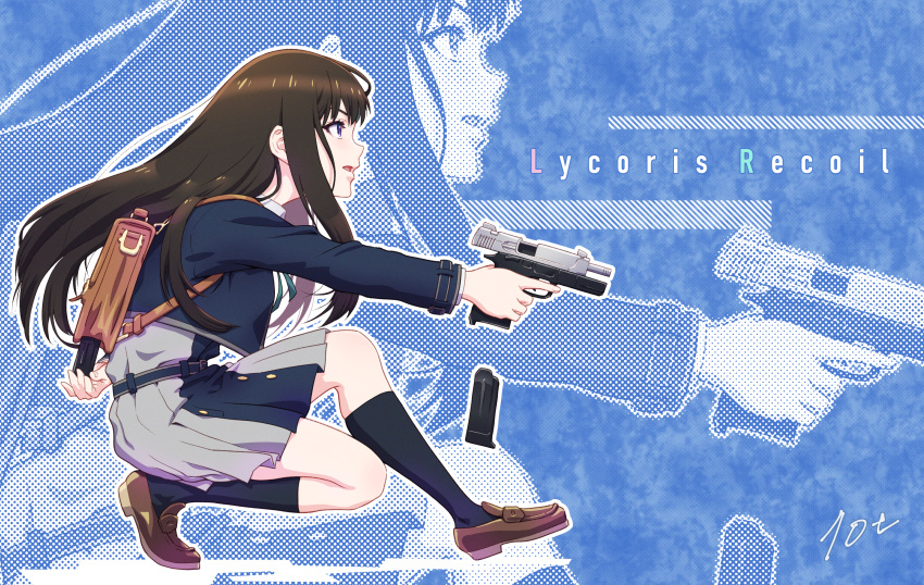 10ttruck 1girl backpack bag bangs black_hair black_socks blue_dress blue_theme brown_footwear collared_shirt copyright_name dress from_side full_body grey_dress gun handgun highres holding holding_gun holding_magazine_(weapon) holding_weapon inoue_takina loafers long_hair long_sleeves looking_ahead lycoris_recoil lycoris_uniform magazine_(weapon) open_mouth outstretched_arm pleated_dress s&amp;w_m&amp;p shirt shoes sideways_mouth signature socks squatting trigger_discipline two-tone_dress violet_eyes weapon white_shirt zoom_layer