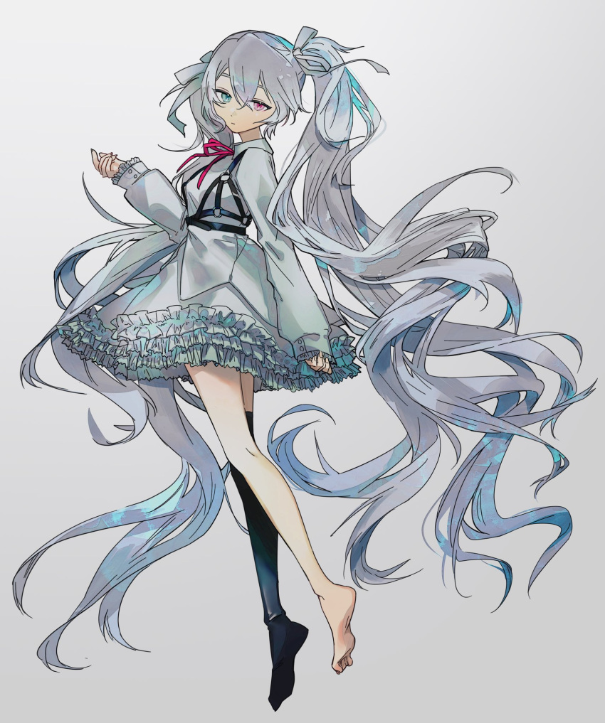 1girl 25-ji_miku 25-ji_night_code_de._(project_sekai) :| absurdly_long_hair amg_(amo10) black_thighhighs closed_mouth collared_dress commentary crossed_legs dress expressionless floating_hair frilled_dress frills from_behind from_side full_body green_eyes grey_background grey_dress grey_hair grey_theme hair_between_eyes hand_up hatsune_miku heterochromia highres long_hair long_sleeves looking_at_viewer looking_back neck_ribbon pinching_sleeves pink_eyes project_sekai red_ribbon ribbon simple_background single_bare_leg single_thighhigh sleeves_past_wrists solo symbol-only_commentary thigh-highs twintails very_long_hair vocaloid wavy_hair