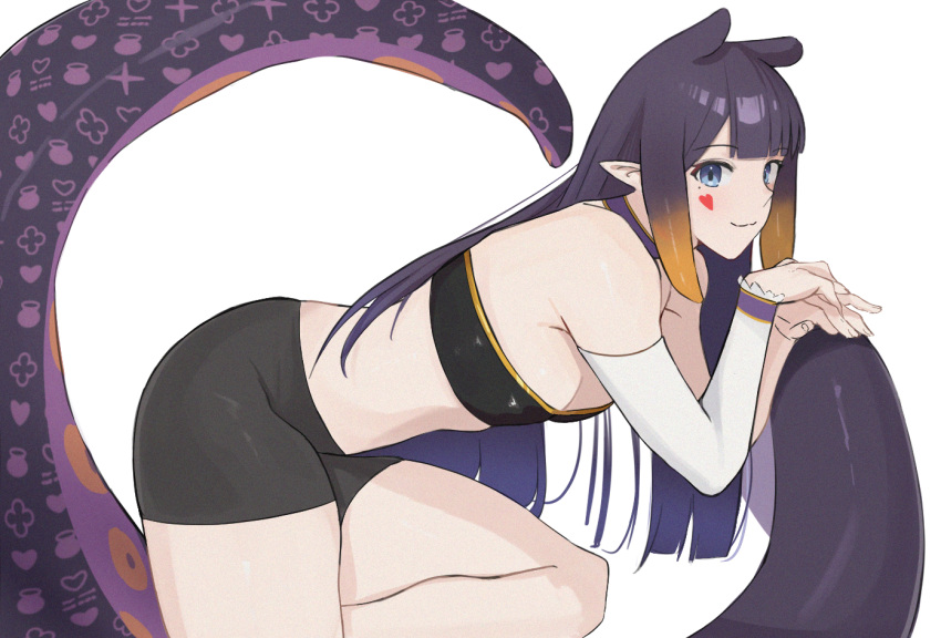 1girl :3 arm_warmers bike_shorts blue_eyes clover facial_mark heart heart_on_cheek hololive hololive_english ku_roiko long_hair looking_at_viewer mole mole_under_eye navel ninomae_ina'nis pointy_ears purple_hair solo strapless tentacle_hair tentacles tube_top virtual_youtuber