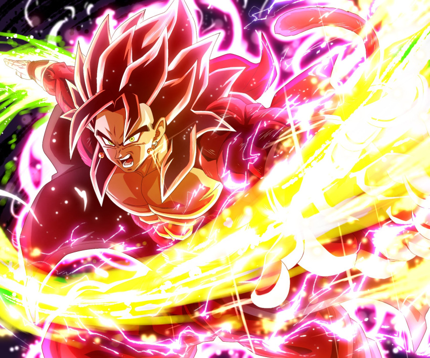 1boy arm_blade beam_saber body_fur dougi dragon_ball dragon_ball_heroes earrings energy_blade energy_sword energy_weapon fusion highres jewelry male_focus monkey_boy monkey_tail muscular pink_fur potara_earrings red_fur sekitsuki_hayato spiky_hair super_full_power_saiyan_4_limit_breaker super_saiyan super_saiyan_4 sword tail vegetto vegetto_(xeno) weapon