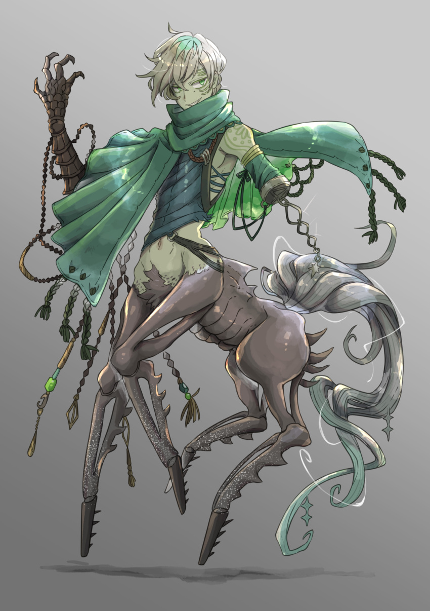 1boy amputee cape centaur full_body gradient gradient_background green_cape green_eyes green_hair green_scarf grey_background grey_hair highres male_focus multicolored_hair navel original scarf simple_background tattoo taur towa-darkmistic two-tone_hair