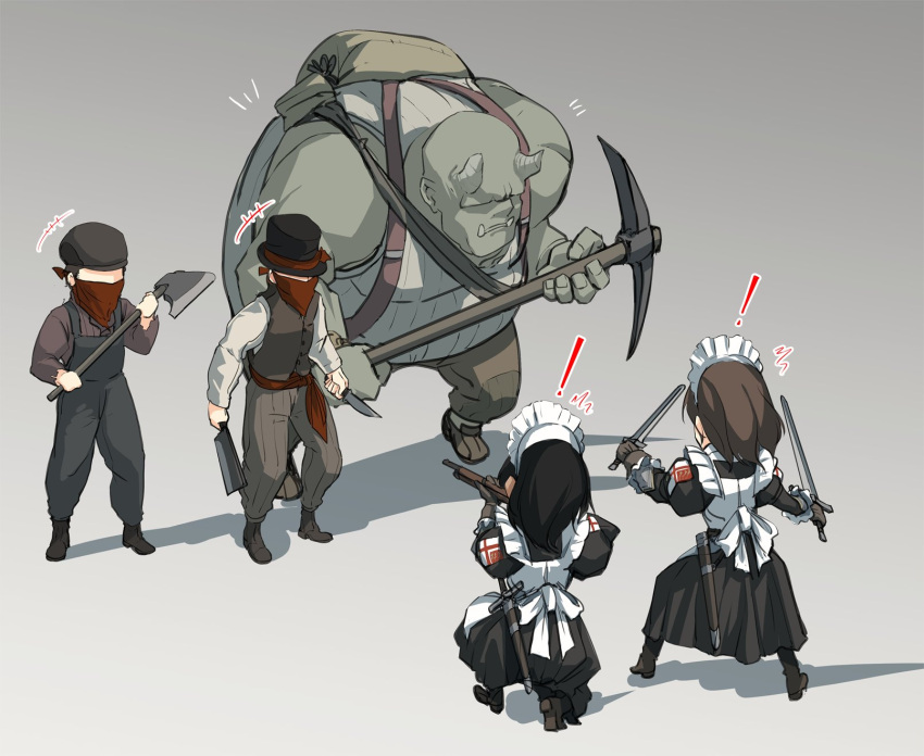 ! 2girls 3boys asterisk_kome axe backpack bag bandana cleaver colored_skin dual_wielding emblem green_skin grey_background gun hat highres holding horns long_hair long_sleeves maid maid_headdress mask mouth_mask multiple_boys multiple_girls orc original pickaxe red_bandana rifle shadow shirt short_hair size_difference suspenders sword top_hat vest weapon white_shirt