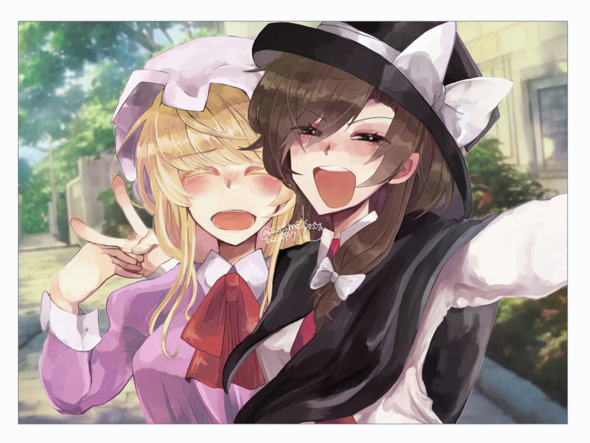 2girls :d bangs black_capelet black_headwear blonde_hair blush bow breasts brown_hair capelet dress hat hat_bow long_hair looking_at_viewer maribel_hearn mob_cap multiple_girls open_mouth outdoors purple_dress selfie short_hair signature smile sssmzk touhou usami_renko white_bow