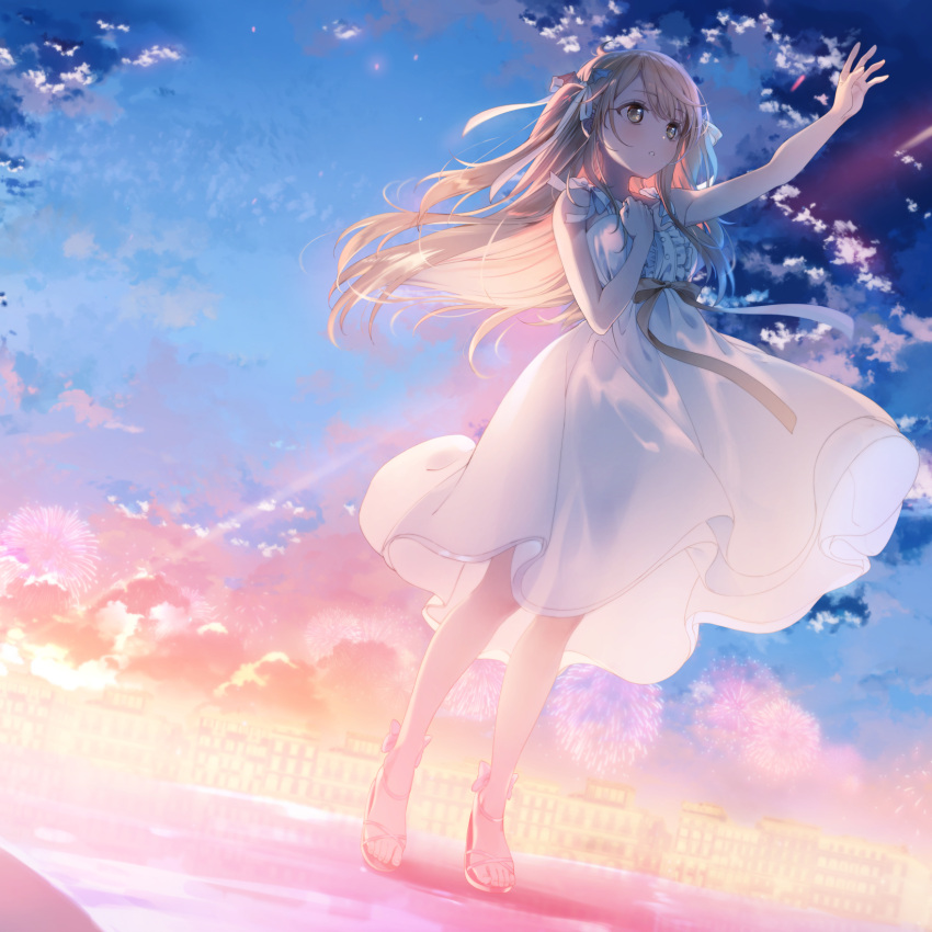 1girl :o a20_(atsumaru) bangs bare_shoulders black_ribbon blush brown_hair building clenched_hand clouds cloudy_sky commentary_request dress dutch_angle fireworks hand_on_own_chest high_heels highres hololive long_hair looking_away no_socks open_mouth orange_sky reaching ribbon sky solo standing swept_bangs teeth white_dress yozora_mel