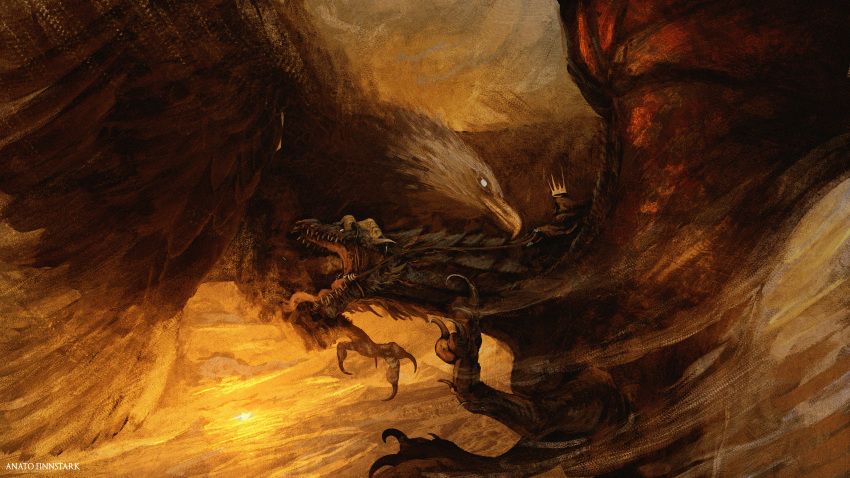 1boy absurdres anato_finnstark artist_name bird dragon eagle fellbeast fighting from_side highres nazgul the_lord_of_the_rings tolkien's_legendarium wings