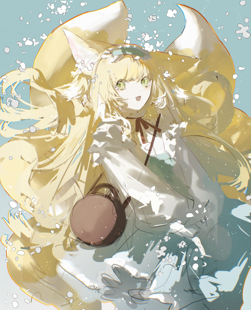 1girl :d absurdres animal_ears arknights bag blonde_hair blue_background blue_hairband brown_bag cowboy_shot dress floating_hair fox_ears fox_girl fox_tail frilled_hairband frills green_dress green_eyes hairband highres kitsune long_hair long_sleeves multiple_tails neck_ribbon official_alternate_costume open_mouth red_ribbon ribbon ruagi satchel shoulder_bag simple_background sketch smile solo suzuran_(spring_praise)_(arknights) tail