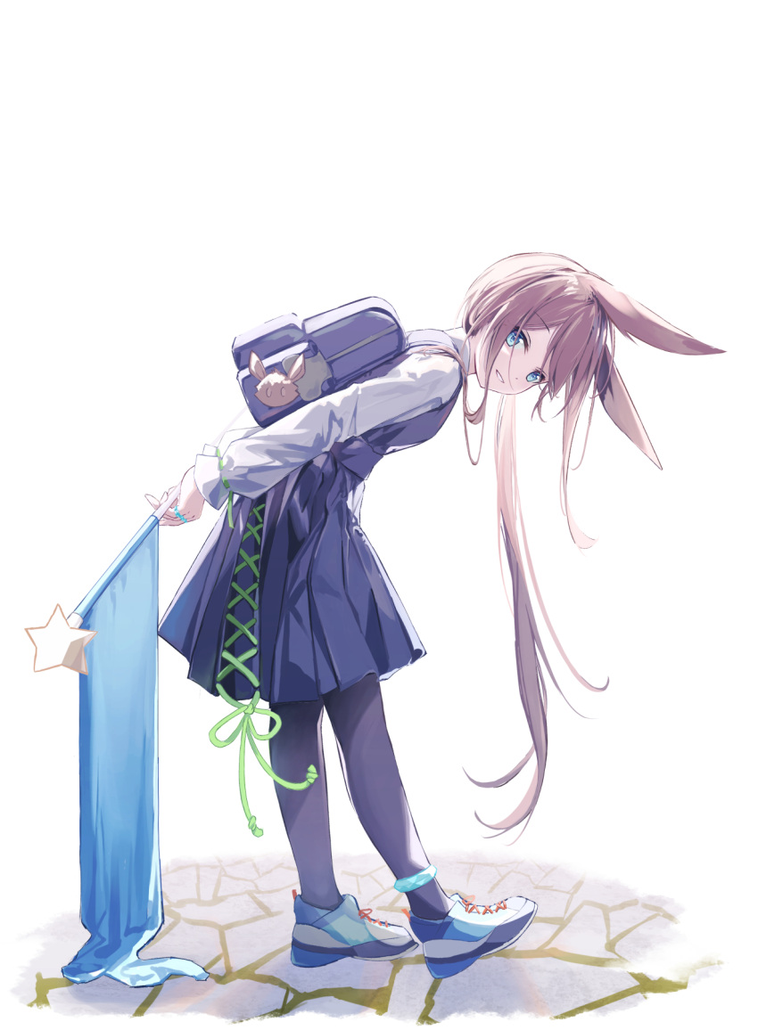 1girl amiya_(arknights) animal_ears anklet arknights arms_behind_back backpack bag black_bag black_dress black_pantyhose blue_eyes brown_hair dress eatos flag highres holding holding_flag jewelry leaning_forward long_hair long_sleeves looking_at_viewer pantyhose ponytail rabbit_ears rabbit_girl shoes simple_background smile solo star_(symbol) very_long_hair white_background white_footwear