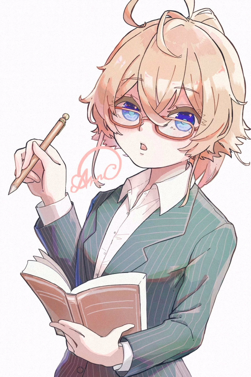 1girl a_nn_no ahoge blonde_hair book collared_shirt formal glasses green_suit highres holding holding_book holding_pen open_book open_mouth pen shirt signature simple_background solo striped_suit suit tanya_degurechaff upper_body white_background white_shirt youjo_senki