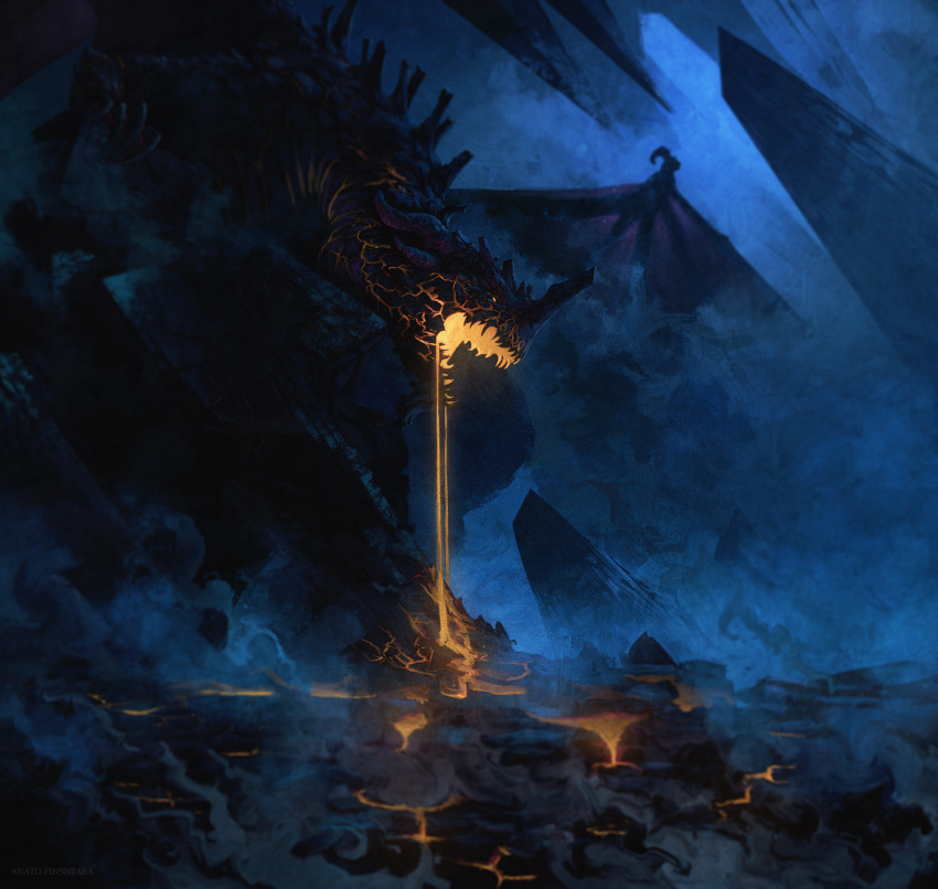 absurdres anato_finnstark blue_theme dragon from_side highres molten_rock no_humans open_mouth original