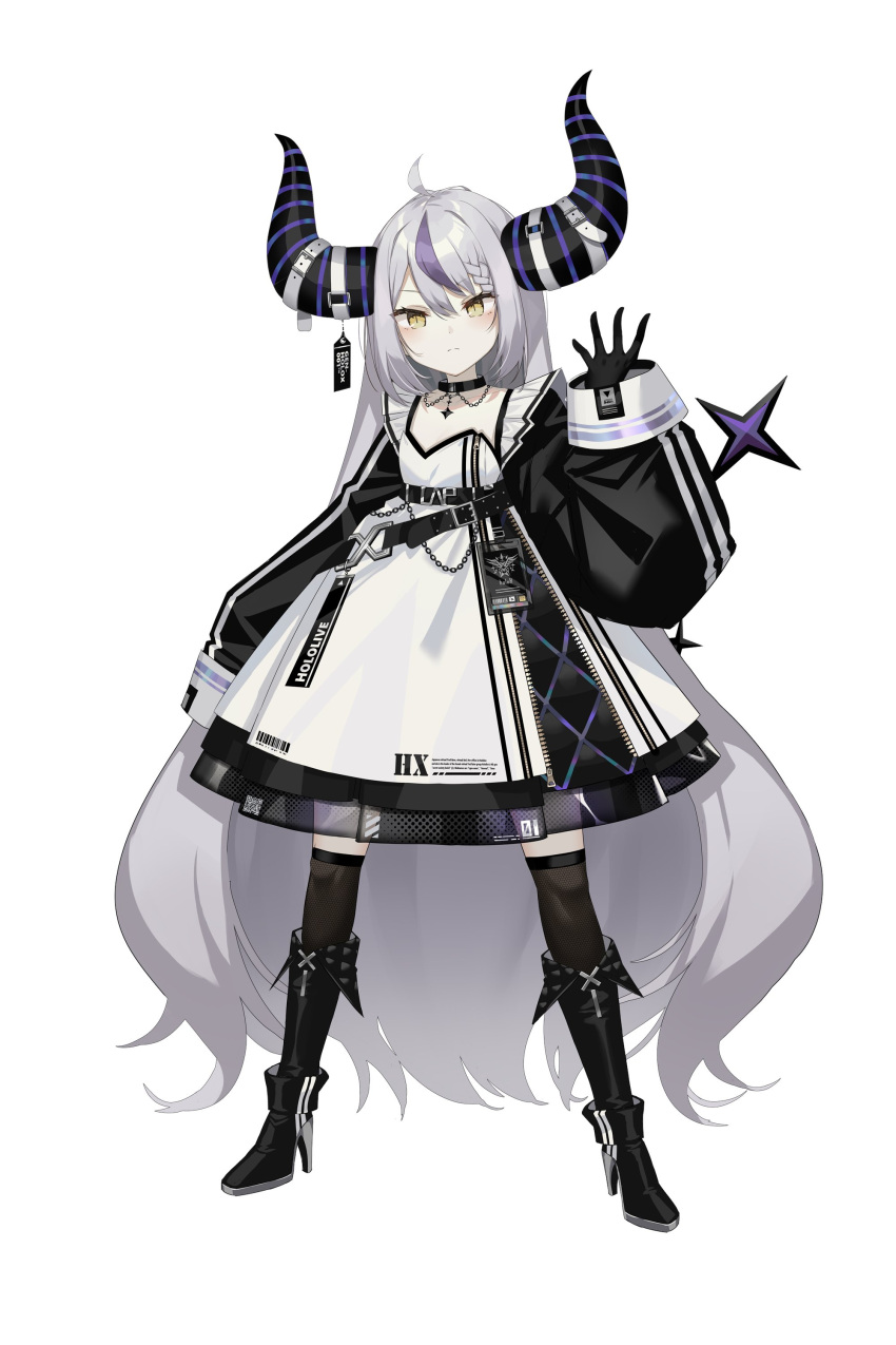 1girl absurdly_long_hair absurdres ahoge bangs black_footwear black_gloves black_thighhighs boots braid closed_mouth demon_horns dress drone full_body gloves grey_hair hair_between_eyes high_heel_boots high_heels highres hololive horns ishihara_(kuniyoshi) la+_darknesss long_hair long_sleeves multicolored_hair purple_hair simple_background solo standing streaked_hair thigh-highs very_long_hair virtual_youtuber white_background white_dress yellow_eyes