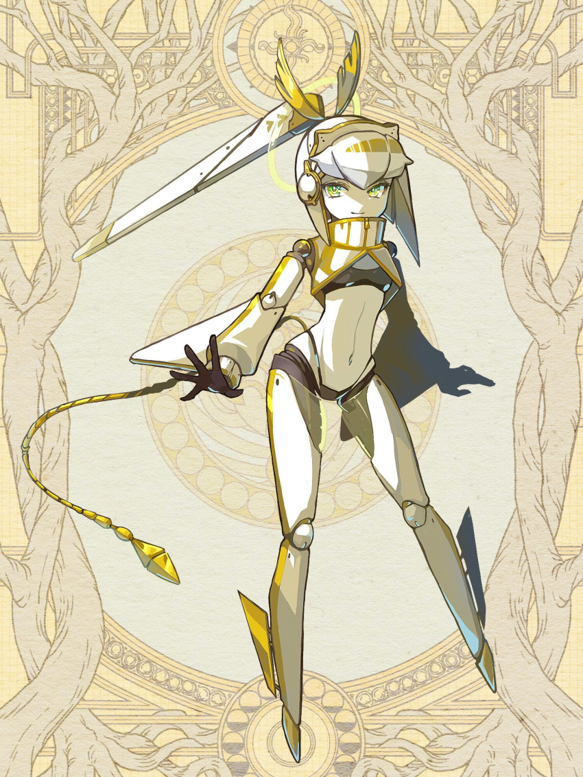 1girl breasts colored_skin commentary_request full_body gold_trim green_eyes high_collar highres humanoid_robot joints looking_at_viewer mechanical_tail nahusoru navel no_feet original ponytail robot_joints shrug_(clothing) small_breasts smile solo tail white_skin