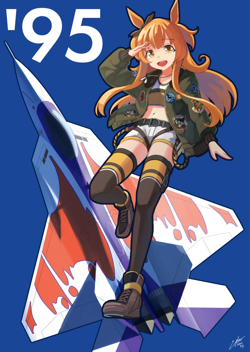 1girl absurdres ace_combat aircraft airplane animal_ears black_bow black_thighhighs bomber_jacket boots bow brown_footwear dog_tags ear_bow fighter_jet green_jacket highres horse_ears horse_girl jacket jet long_hair mayano_top_gun_(umamusume) midriff military military_vehicle navel open_mouth orange_hair salute shorts smile solo tank_top thigh-highs umamusume utachy white_shorts yellow_eyes