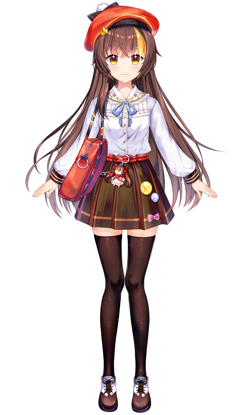 1girl :3 absurdres arms_at_sides badge bag belt belt_chain beret bingtang black_thighhighs blonde_hair blue_ribbon bow brown_footwear brown_hair brown_skirt charm_(object) collared_shirt cotton_ball crown_hair_ornament frilled_shirt_collar frills fujima_takuya full_body hat highres indie_virtual_youtuber long_hair long_sleeves miniskirt multicolored_hair neck_ribbon official_art oxfords pink_bow plaid plaid_bow pleated_skirt puffy_long_sleeves puffy_sleeves red_bag red_belt red_headwear ribbon school_bag shirt shoes shoulder_bag sidelocks skirt skirt_bow solo standing streaked_hair stuffed_toy thigh-highs transparent_background very_long_hair virtual_youtuber white_shirt yellow_eyes zettai_ryouiki