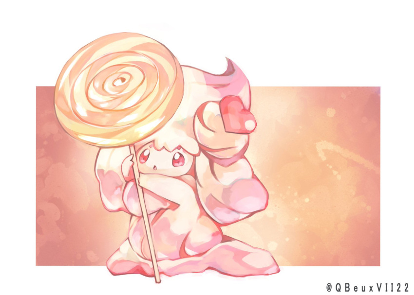 :o alcremie alcremie_(strawberry_sweet) border candy commentary_request food gara_(qbeuxvii22) highres holding lollipop looking_up no_humans pokemon pokemon_(creature) red_eyes solo twitter_username white_border