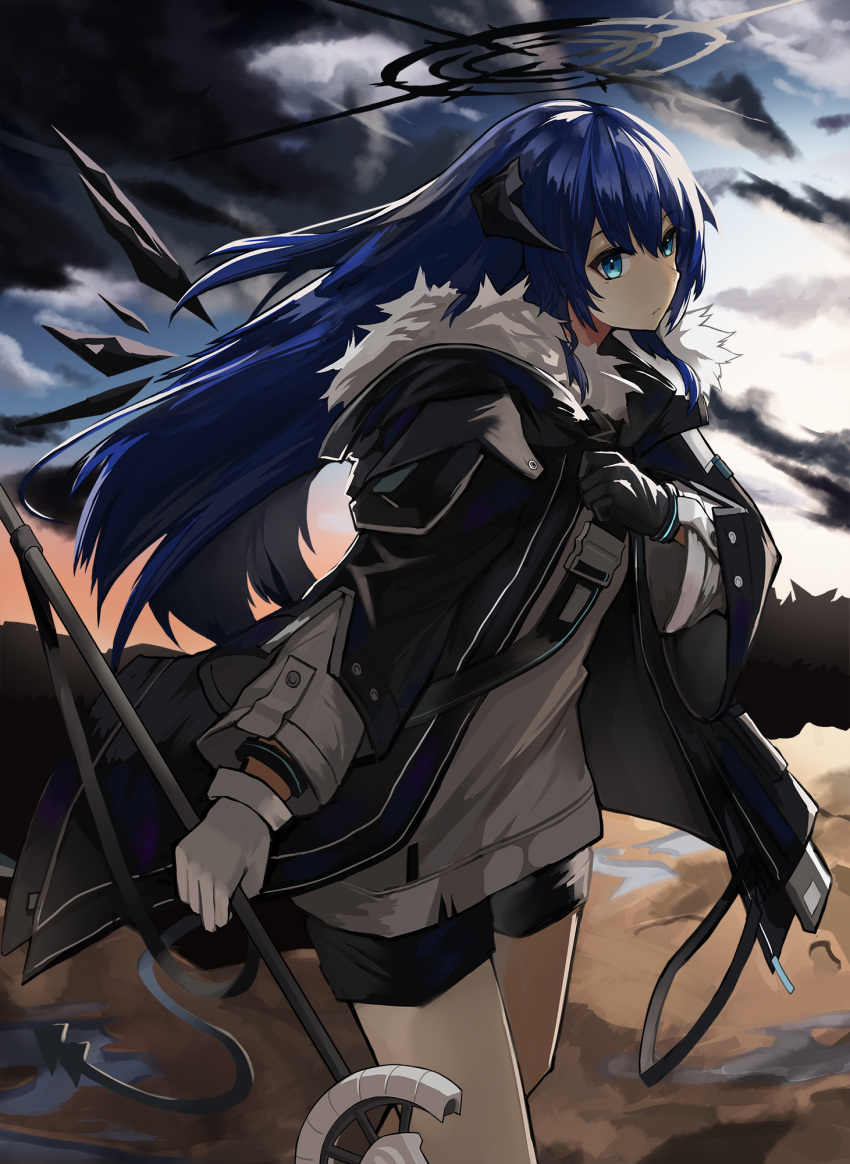1girl arknights asymmetrical_gloves black_coat black_gloves black_shorts blue_eyes blue_hair bracelet closed_mouth clouds cloudy_sky coat day desert fur-trimmed_coat fur_trim gloves grey_shirt halo highres holding holding_staff horns jewelry long_hair long_sleeves mismatched_gloves mostima_(arknights) nanamilem onsen open_clothes open_coat outdoors shirt shorts sky solo staff white_gloves