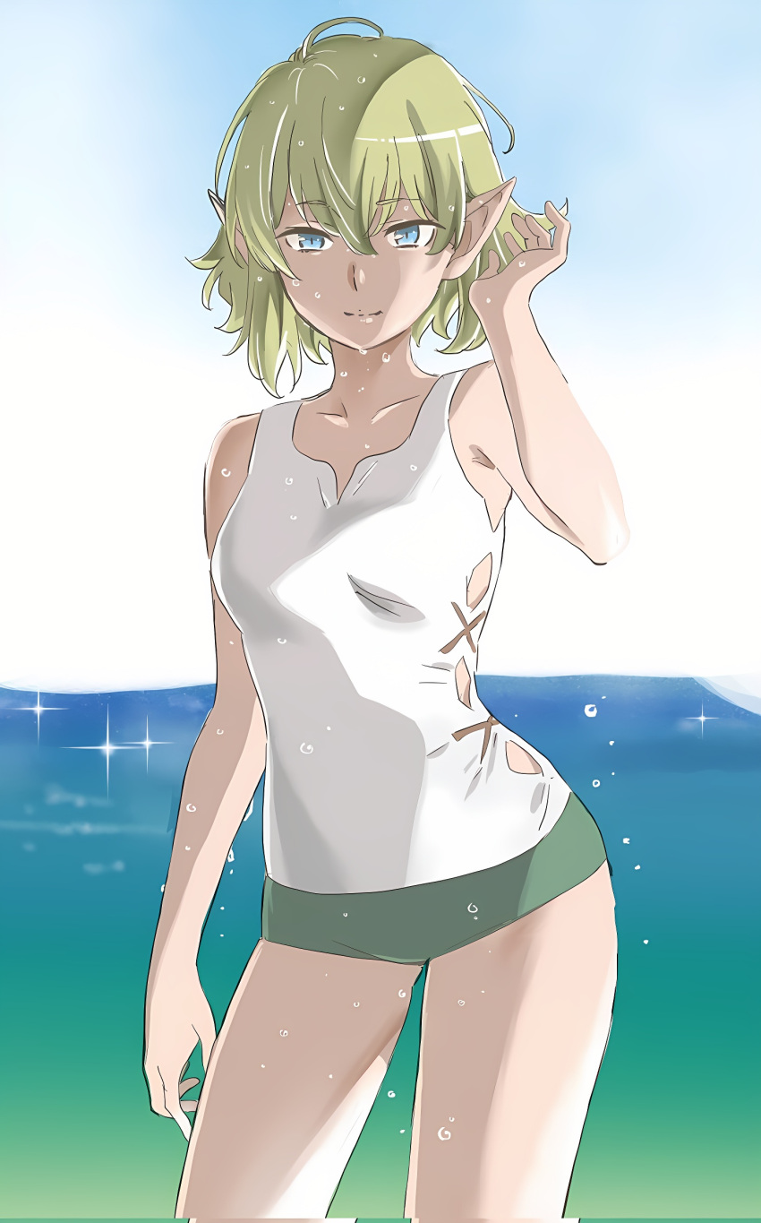 1girl beach blonde_hair blue_eyes breasts contrapposto cowboy_shot day dungeon_ni_deai_wo_motomeru_no_wa_machigatteiru_darou_ka elf gradient gradient_background hand_in_hair horizon looking_at_viewer ocean one-piece_swimsuit outdoors pointy_ears pool ryu_lion short_hair sky smile solo sparkle standing swimsuit wading water wet wet_hair white_swimsuit
