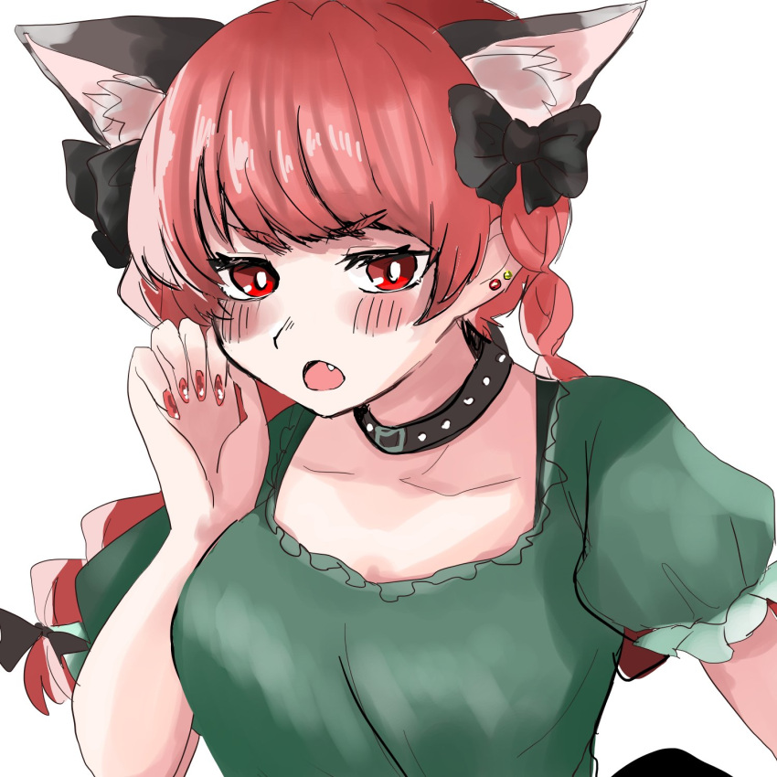 1girl animal_ears annoyed black_bow bow braid breasts cat_ears collar dress earrings extra_ears fang green_dress hair_bow highres jewelry kaenbyou_rin kashiwara_mana large_breasts nail_polish puffy_sleeves red_eyes red_nails redhead tail touhou twin_braids upper_body v-shaped_eyebrows