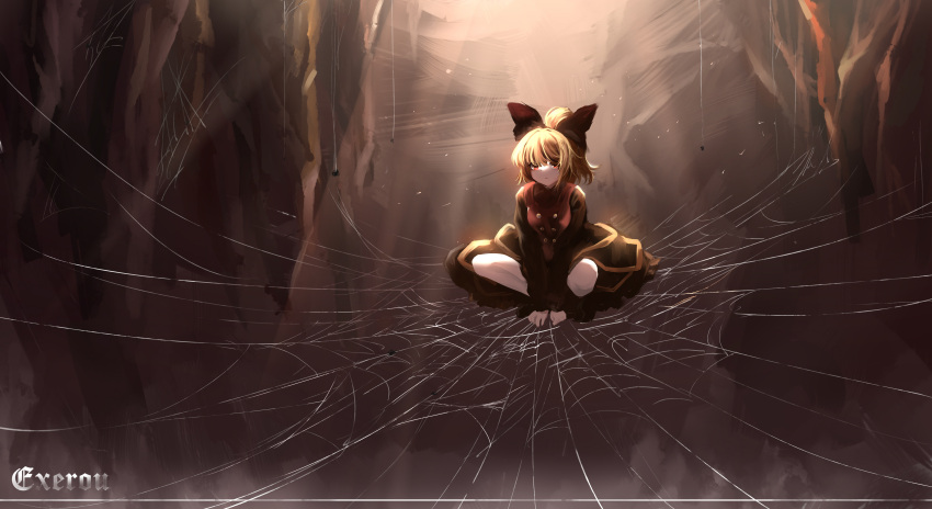 1girl absurdres artist_logo artist_name black_shirt blonde_hair bow brown_bow brown_dress closed_mouth dress hair_bow highres kurodani_yamame long_sleeves pinafore_dress ponytail red_eyes shirt short_hair silk solo spider_web top-exerou touhou