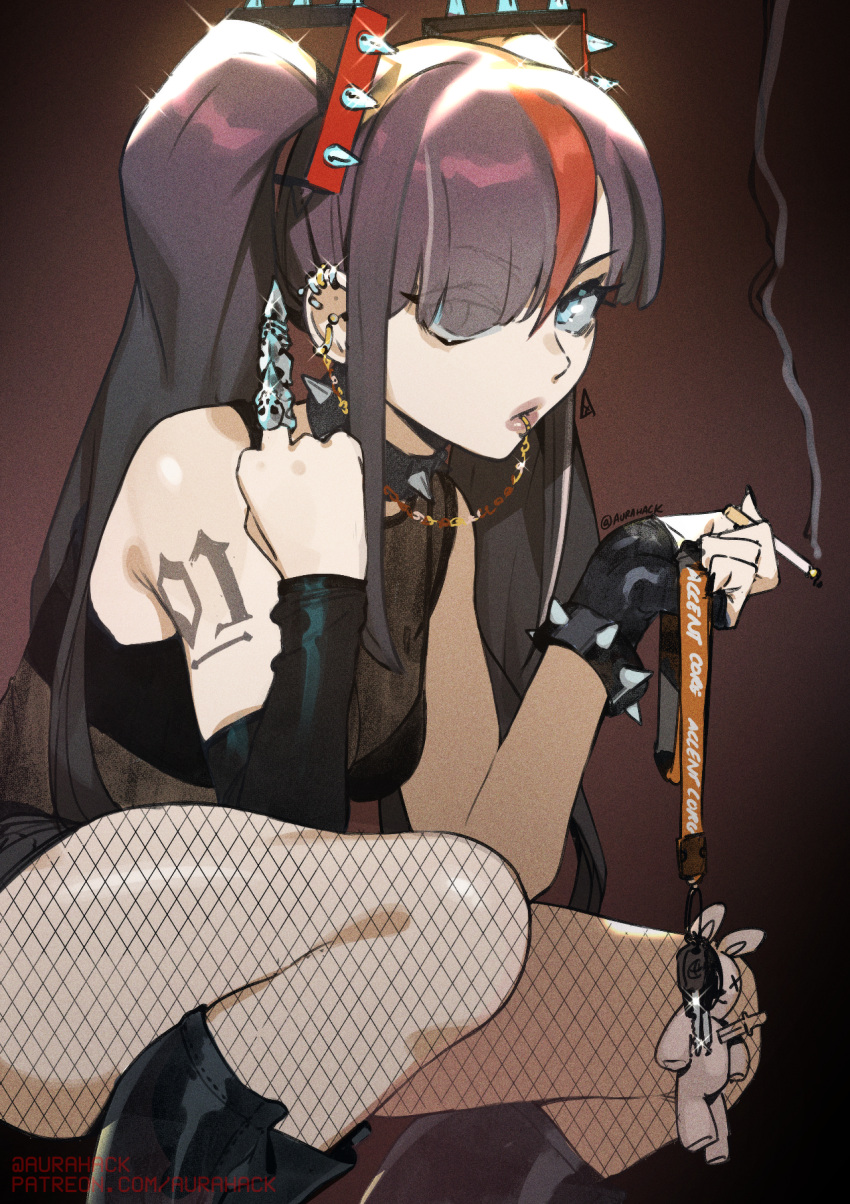 1girl alternate_costume alternate_hair_color arm_tattoo aurahack black_footwear black_hair black_shorts blue_eyes boots bracelet breasts cigarette claw_ring collar detached_sleeves ear_piercing english_commentary fishnet_pantyhose fishnets gloves gothic hair_over_one_eye hatsune_miku highres holding holding_cigarette jewelry key lanyard linked_piercing lip_piercing long_hair looking_at_viewer medium_breasts middle_finger multicolored_hair multiple_piercings paid_reward_available pale_skin pantyhose piercing redhead short_shorts shorts single_detached_sleeve single_glove smoking solo spiked_bracelet spiked_collar spikes squatting streaked_hair stuffed_animal stuffed_bunny stuffed_toy tattoo twintails vocaloid