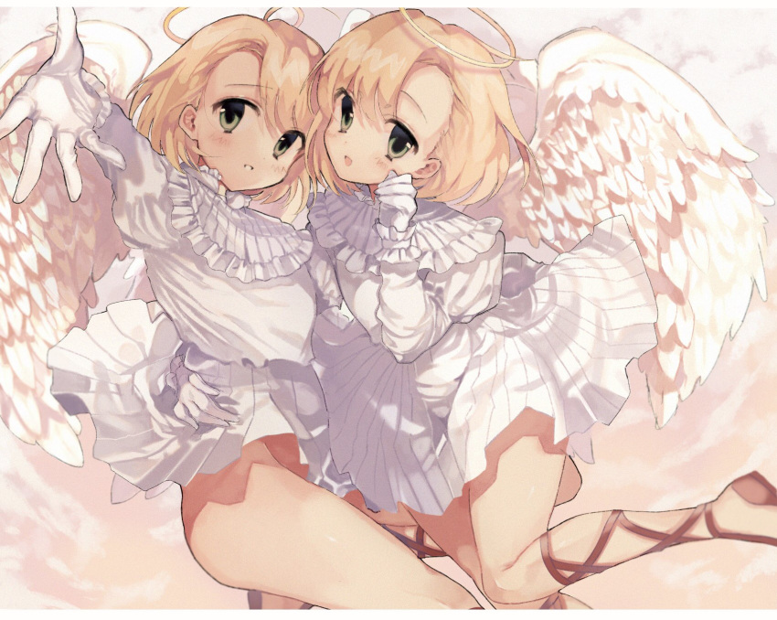 amapan_0 angel angel_wings bangs blonde_hair clouds cloudy_sky dress feathered_wings gloves green_eyes halo hand_on_another's_hip high_heels highres light_smile open_mouth original red_footwear siblings sky teeth twins white_dress white_gloves wings